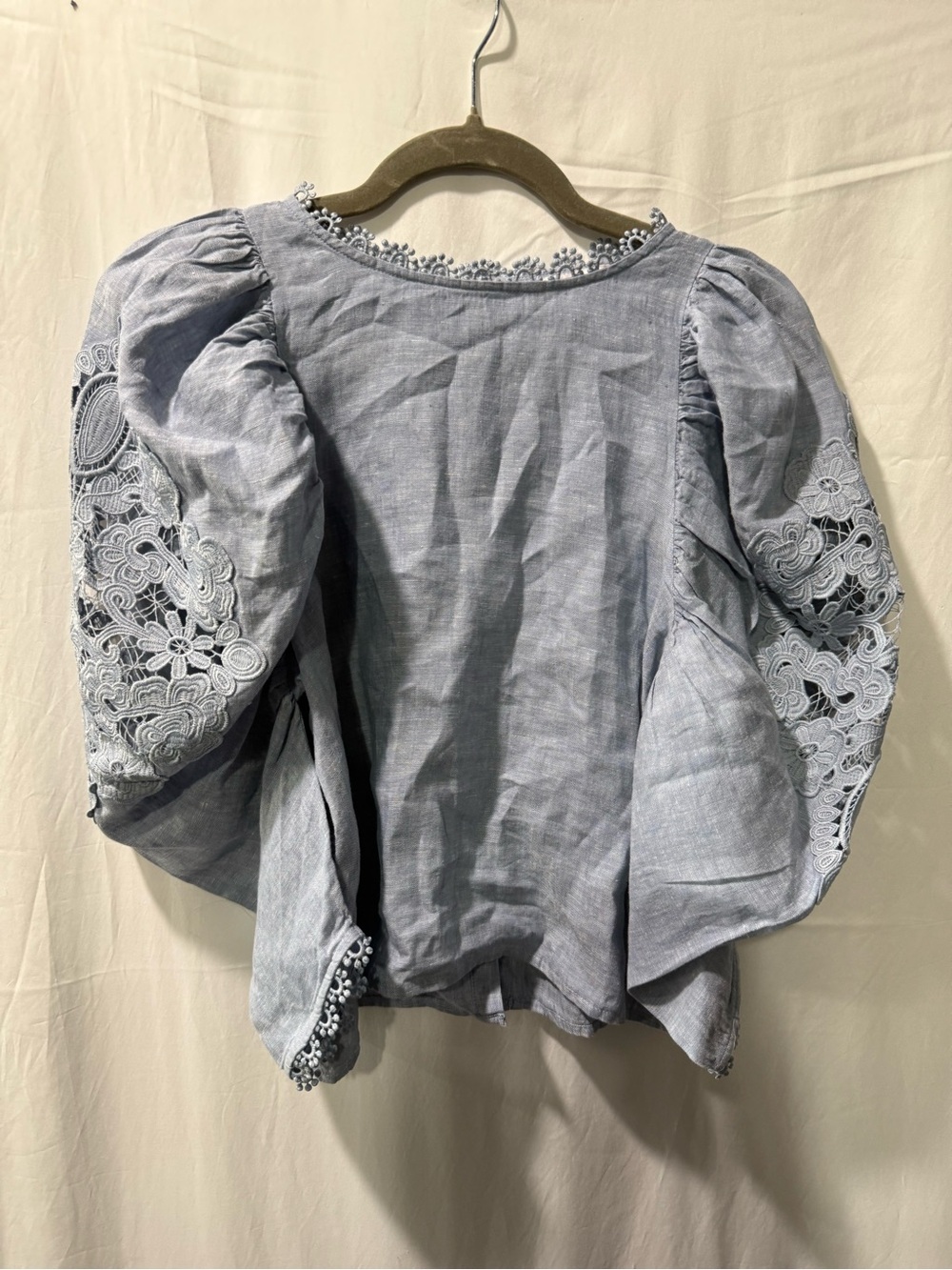 Olivaceous Pale Blue Embroidered Puff-Sleeve Blouse